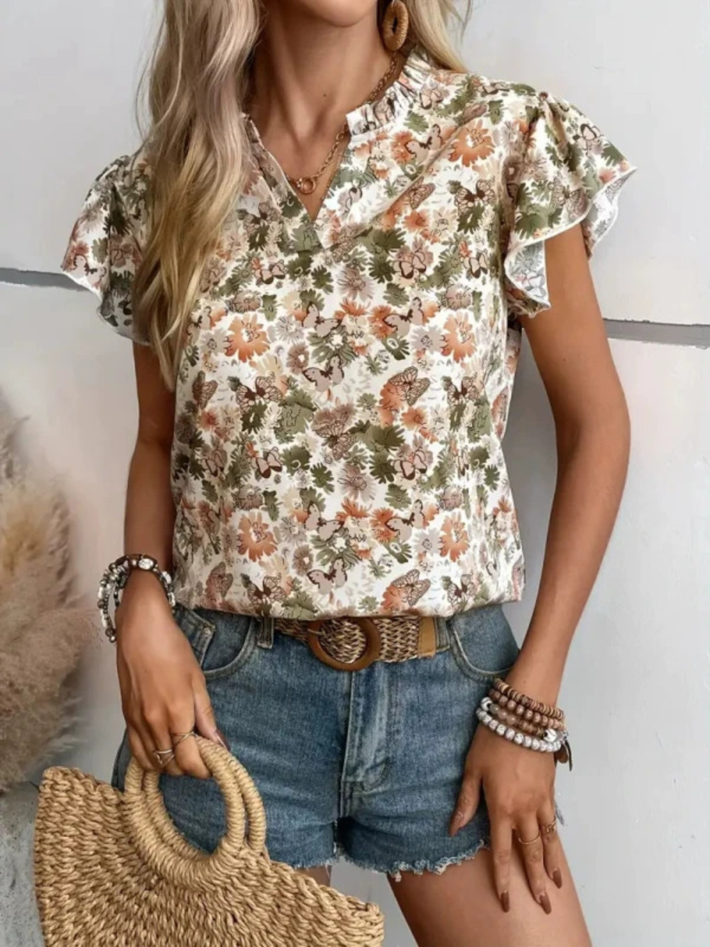 ZARA Ruffle Collar Short Sleeve Top